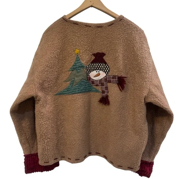 Vintage Snowman & Christmas Tree Sherpa Fleece Jacket Large/Extra Large - Picture 3 of 17